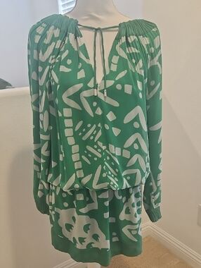 Diane Von Furstenberg Green & White Abstract Print Long Sleeve Dress Sz 12